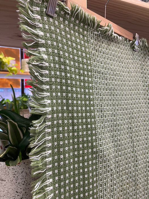 Vintage Olive Green and White Woven Throw Blanket with Fringe Edges