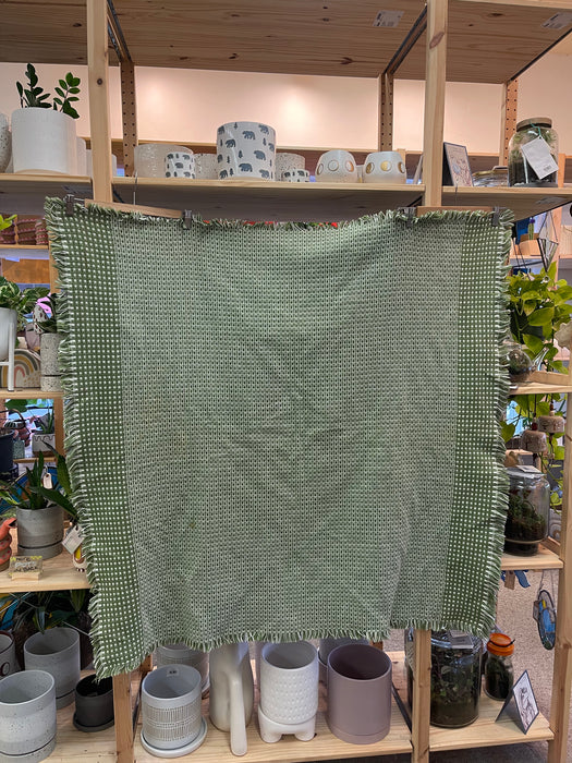Vintage Olive Green and White Woven Throw Blanket with Fringe Edges