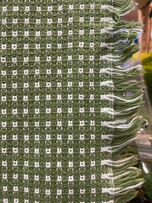 Vintage Olive Green and White Woven Throw Blanket with Fringe Edges