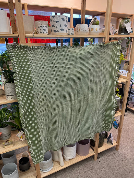 Vintage Olive Green and White Woven Throw Blanket with Fringe Edges