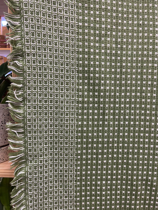 Vintage Olive Green and White Woven Throw Blanket with Fringe Edges