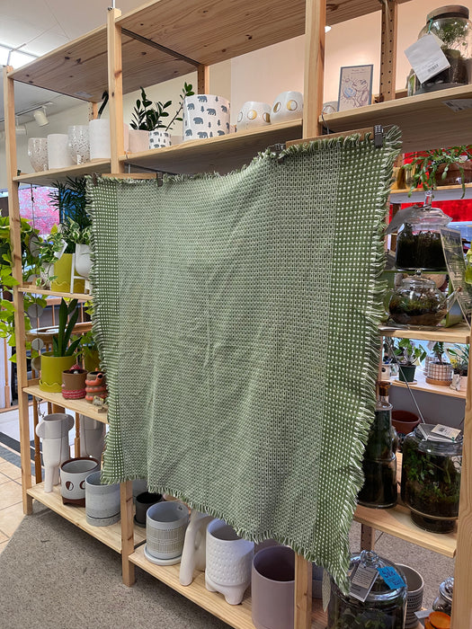 Vintage Olive Green and White Woven Throw Blanket with Fringe Edges