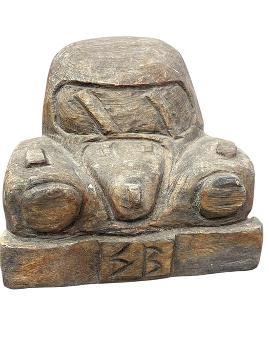 Vintage Hand Carved Wooden Car sculpture in the Style of a Volkswagen Beetle