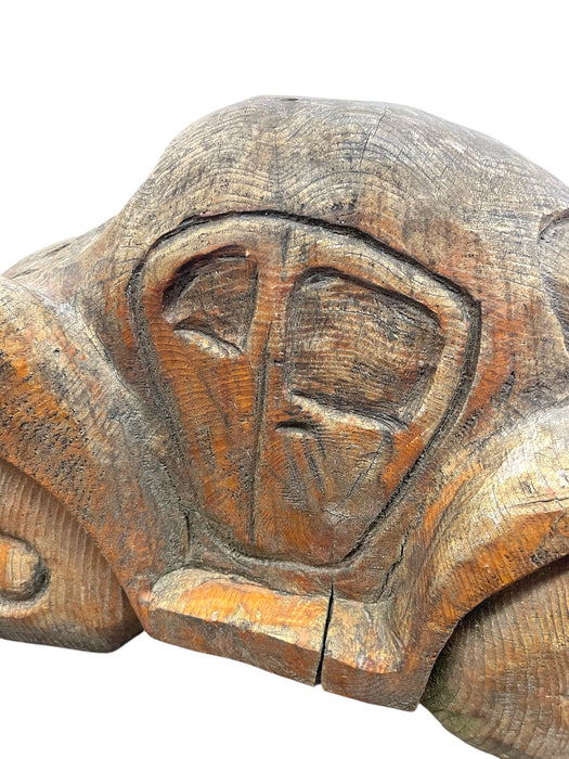 Vintage Hand Carved Wooden Car sculpture in the Style of a Volkswagen Beetle