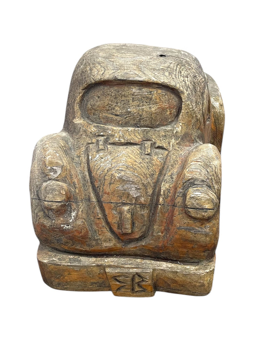 Vintage Hand Carved Wooden Car sculpture in the Style of a Volkswagen Beetle