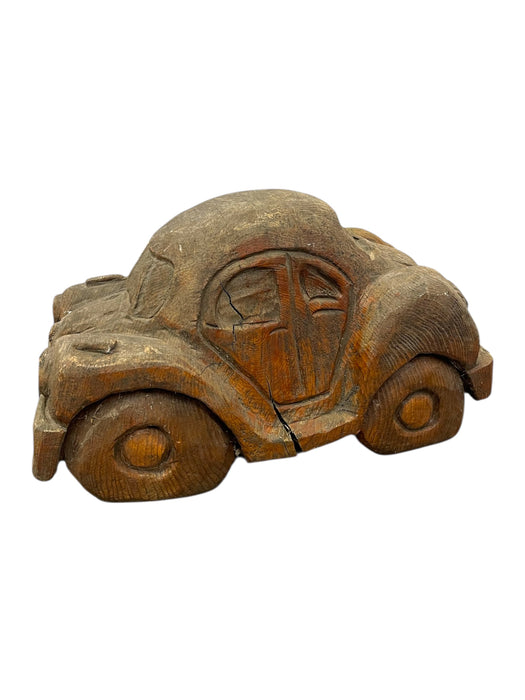 Vintage Hand Carved Wooden Car sculpture in the Style of a Volkswagen Beetle