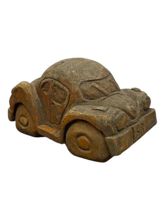 Vintage Hand Carved Wooden Car sculpture in the Style of a Volkswagen Beetle