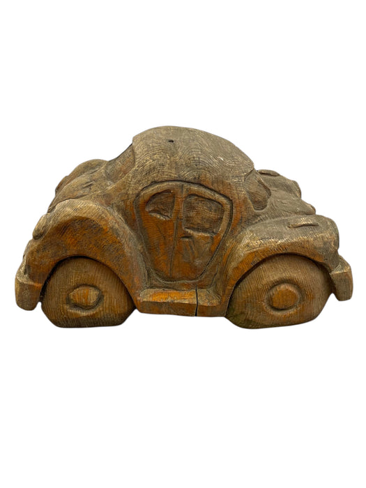 Vintage Hand Carved Wooden Car sculpture in the Style of a Volkswagen Beetle