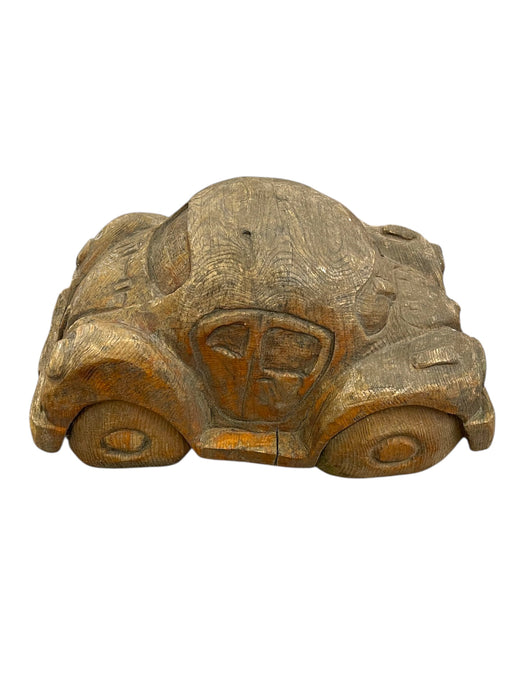 Vintage Hand Carved Wooden Car sculpture in the Style of a Volkswagen Beetle
