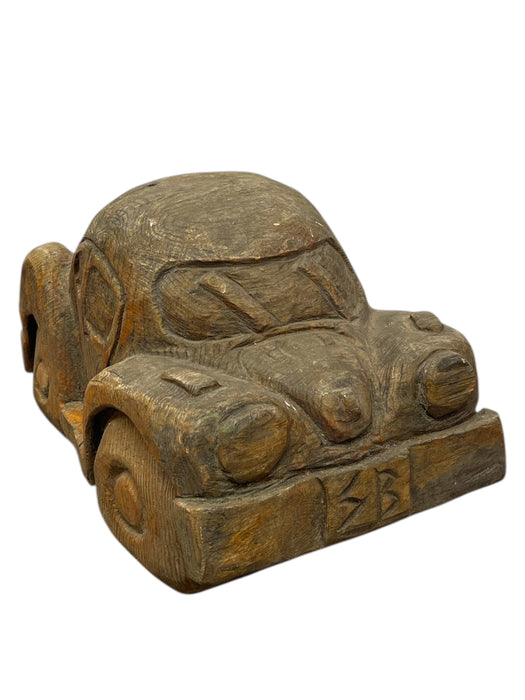 Vintage Hand Carved Wooden Car sculpture in the Style of a Volkswagen Beetle