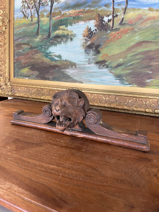 Antique Hand-Carved Wooden Architectural Fragment with Lion Head Motif