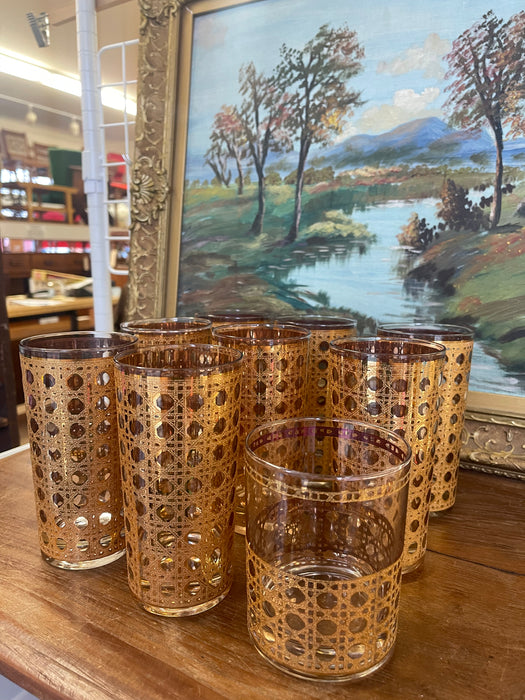 Mid-Century Modern 1960s Gold-Toned Filigree Highball & Lowball Glassware Set - Set of 9
