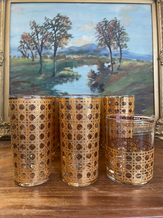 Mid-Century Modern 1960s Gold-Toned Filigree Highball & Lowball Glassware Set - Set of 9