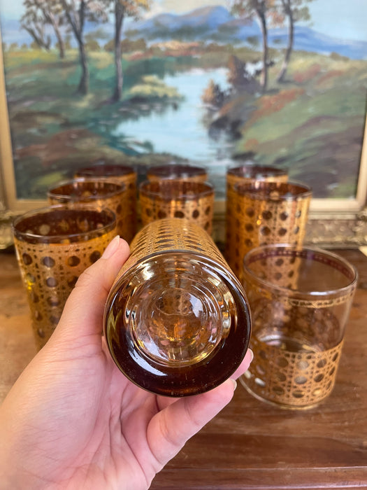 Mid-Century Modern 1960s Gold-Toned Filigree Highball & Lowball Glassware Set - Set of 9
