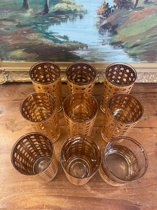Mid-Century Modern 1960s Gold-Toned Filigree Highball & Lowball Glassware Set - Set of 9