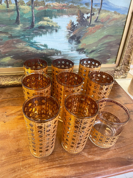 Mid-Century Modern 1960s Gold-Toned Filigree Highball & Lowball Glassware Set - Set of 9