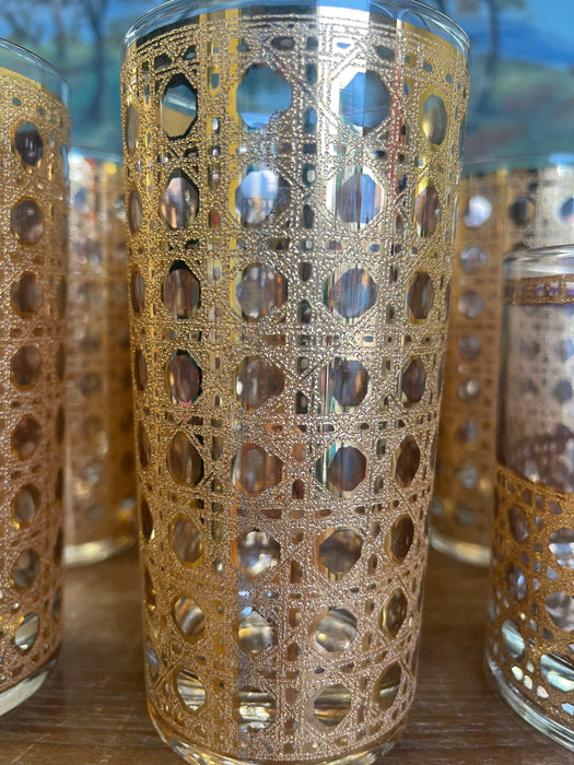 Mid-Century Modern 1960s Gold-Toned Filigree Highball & Lowball Glassware Set - Set of 9