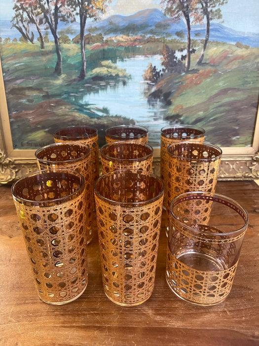 Mid-Century Modern 1960s Gold-Toned Filigree Highball & Lowball Glassware Set - Set of 9