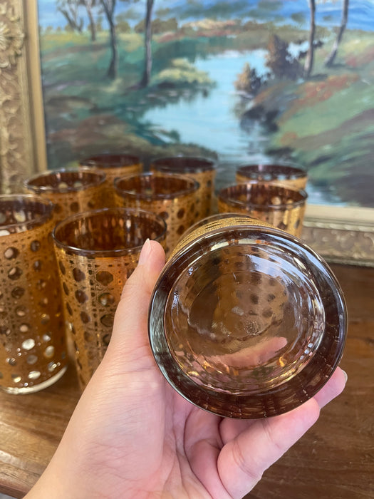 Mid-Century Modern 1960s Gold-Toned Filigree Highball & Lowball Glassware Set - Set of 9