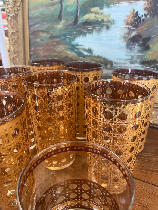 Mid-Century Modern 1960s Gold-Toned Filigree Highball & Lowball Glassware Set - Set of 9