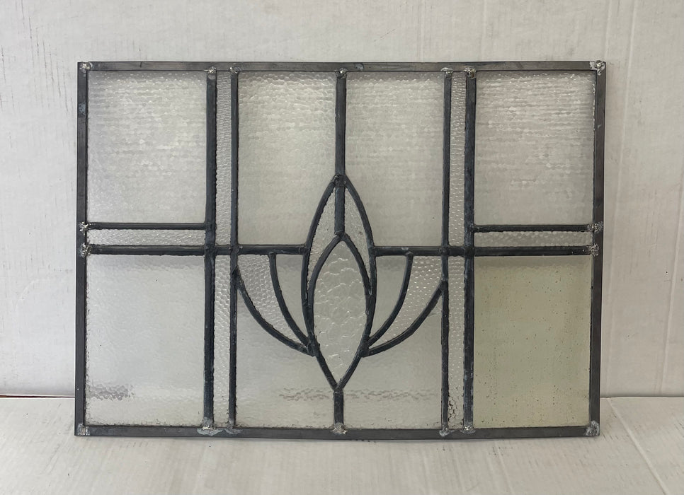 Vintage Leaded Glass Window Panel with Geometric Floral Motif