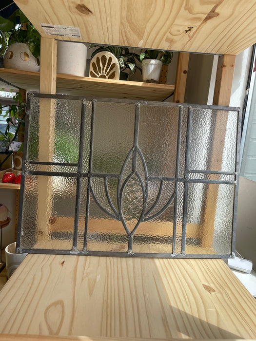 Vintage Leaded Glass Window Panel with Geometric Floral Motif