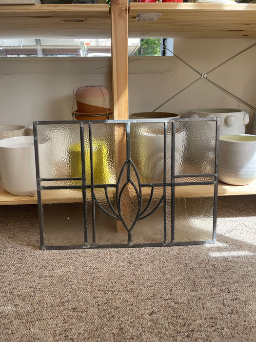 Vintage Leaded Glass Window Panel with Geometric Floral Motif