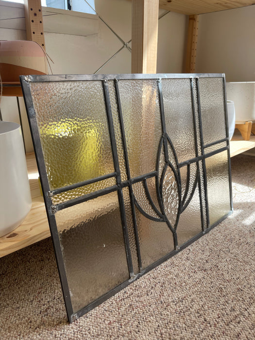 Vintage Leaded Glass Window Panel with Geometric Floral Motif