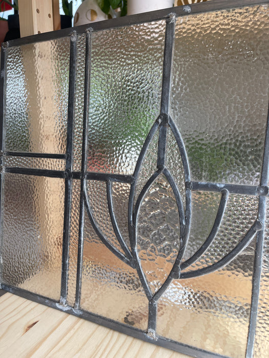 Vintage Leaded Glass Window Panel with Geometric Floral Motif