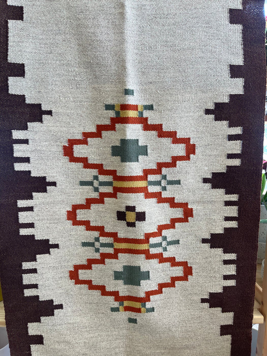 Vintage Handwoven Possibly Wool Southwestern Runner Rug or Table Runner with Geometric Pattern and Fringe