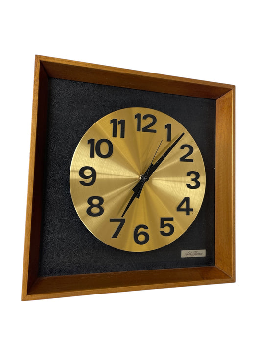Vintage Mid-Century Modern Seth Thomas Wall Clock "Candid" Model E326-004 in Likely Walnut Shadow Box with Brass Toned Dial