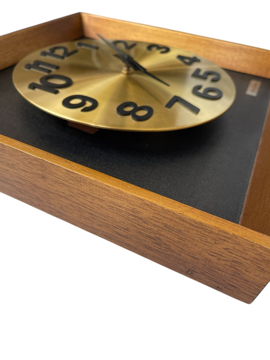 Vintage Mid-Century Modern Seth Thomas Wall Clock "Candid" Model E326-004 in Likely Walnut Shadow Box with Brass Toned Dial
