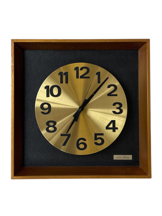 Vintage Mid-Century Modern Seth Thomas Wall Clock "Candid" Model E326-004 in Likely Walnut Shadow Box with Brass Toned Dial