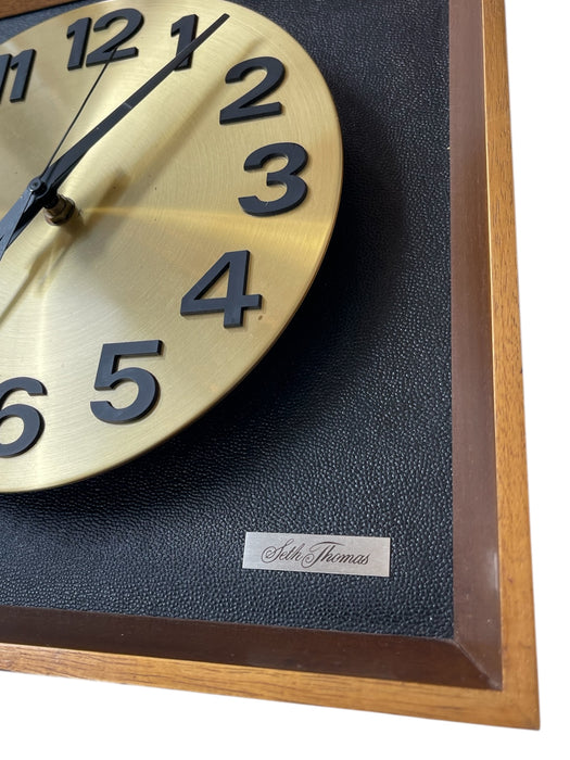 Vintage Mid-Century Modern Seth Thomas Wall Clock "Candid" Model E326-004 in Likely Walnut Shadow Box with Brass Toned Dial