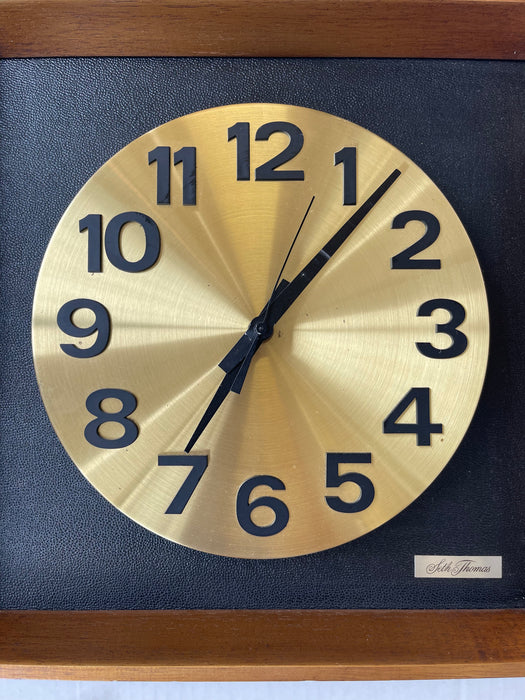 Vintage Mid-Century Modern Seth Thomas Wall Clock "Candid" Model E326-004 in Likely Walnut Shadow Box with Brass Toned Dial