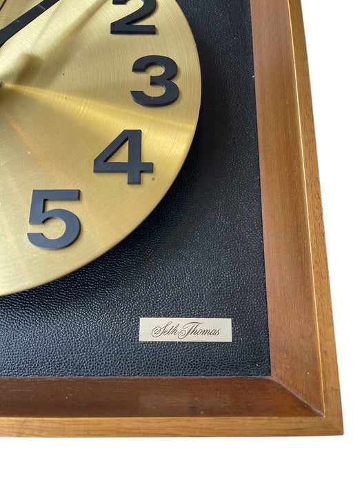 Vintage Mid-Century Modern Seth Thomas Wall Clock "Candid" Model E326-004 in Likely Walnut Shadow Box with Brass Toned Dial