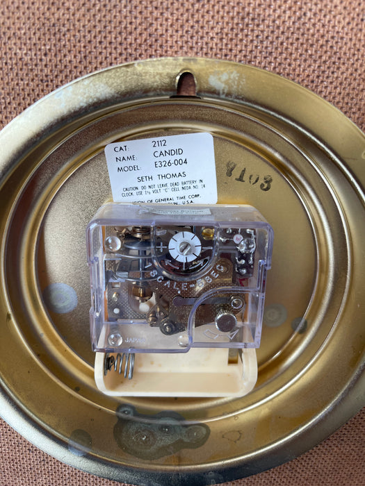 Vintage Mid-Century Modern Seth Thomas Wall Clock "Candid" Model E326-004 in Likely Walnut Shadow Box with Brass Toned Dial