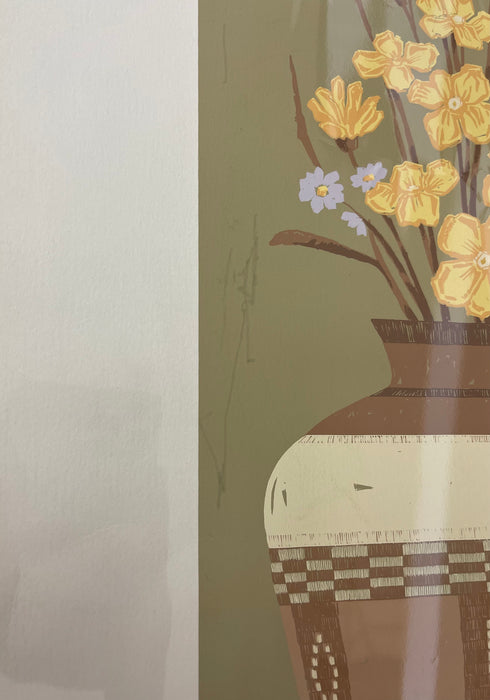 Apache Motif" Limited Edition Serigraph Print by C. Sanderson - Southwestern Still Life with Yellow Flowers and Pottery Vase