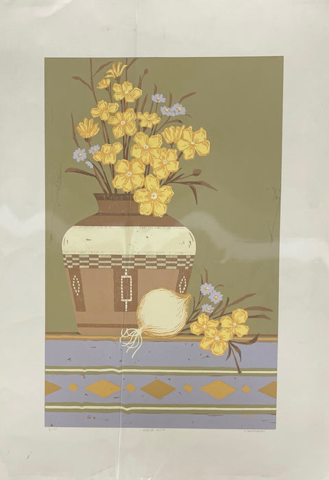 Apache Motif" Limited Edition Serigraph Print by C. Sanderson - Southwestern Still Life with Yellow Flowers and Pottery Vase