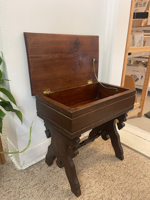 Likely Antique Eastlake Style Decorative Wooden Bench with Hidden Storage Compartment and Ornate Base