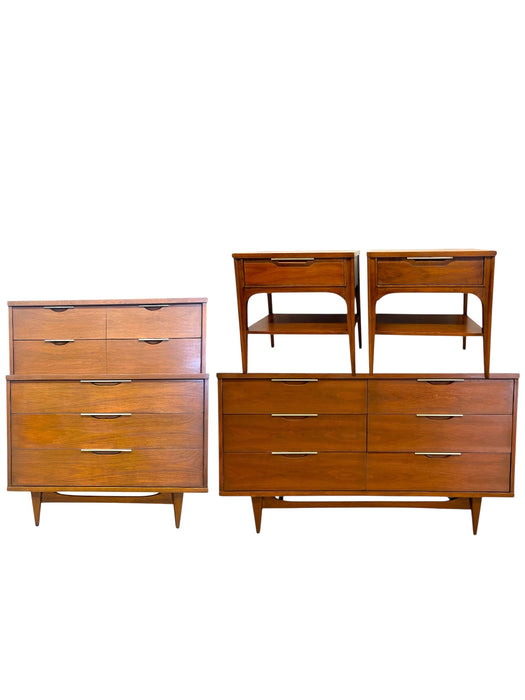 Mid-Century Modern Kent Coffey Impact & Tableau Collection Bedroom Set with End Tables, Lowboy & Tallboy Dressers