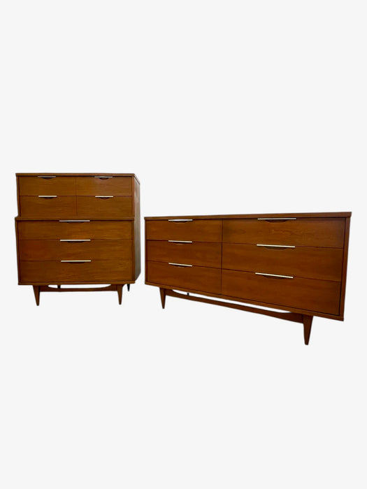 Mid-Century Modern Kent Coffey Impact & Tableau Collection Bedroom Set with End Tables, Lowboy & Tallboy Dressers