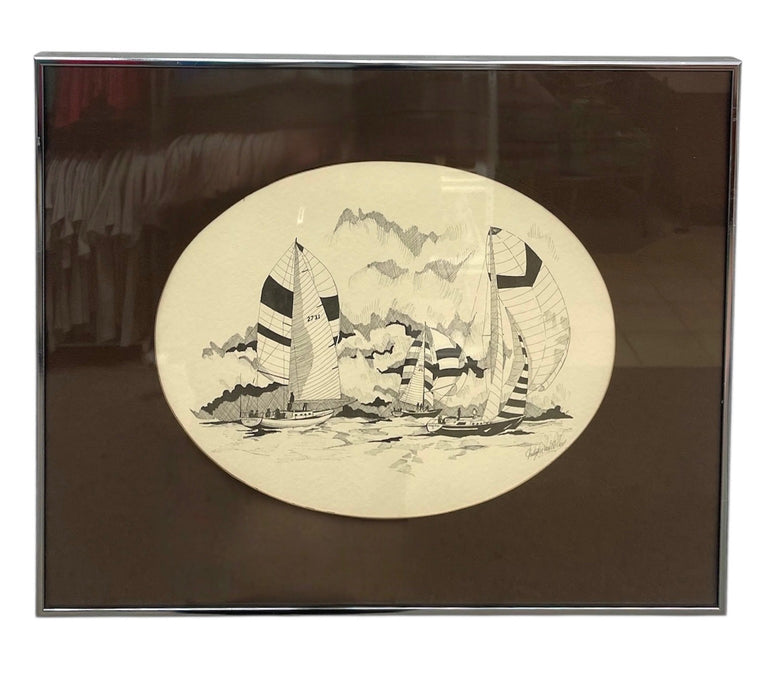 Signed Nautical Pen-and-Ink Sailing Scene Artwork - Framed Maritime
Illustration