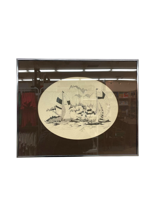 Signed Nautical Pen-and-Ink Sailing Scene Artwork - Framed Maritime
Illustration