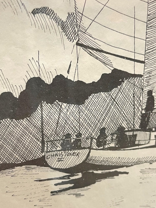 Signed Nautical Pen-and-Ink Sailing Scene Artwork - Framed Maritime
Illustration