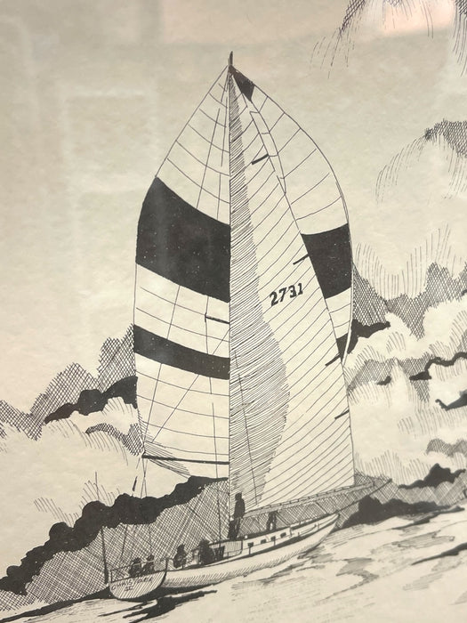 Signed Nautical Pen-and-Ink Sailing Scene Artwork - Framed Maritime
Illustration