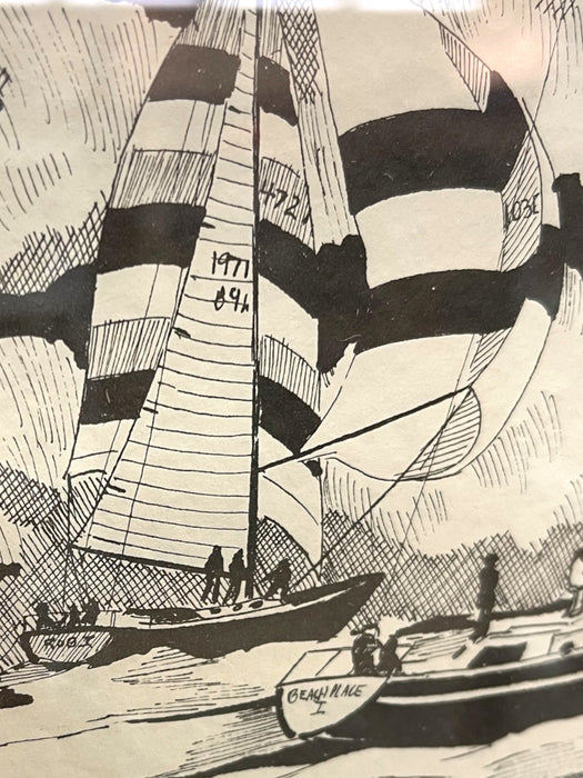 Signed Nautical Pen-and-Ink Sailing Scene Artwork - Framed Maritime
Illustration