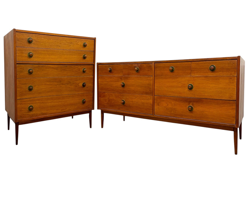 Mid-Century Modern Matching Dresser Set Attributed to John Van Koert for Drexel - 5-Drawer Highboy + 8-Drawer Lowboy