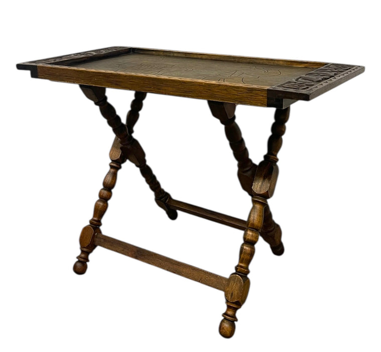 Hand-Carved Wooden Tray With Folding Stand - Carved Llama and Figure
Motif, Turned Legs
