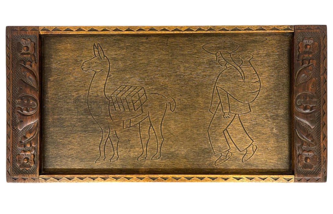 Hand-Carved Wooden Tray With Folding Stand - Carved Llama and Figure
Motif, Turned Legs